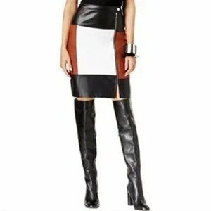INC Faux Leather Colorblock Black White Brown Mini Skirt Womens 6